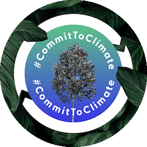 #CommitToClimate with images of tree, mountains, and wind energy